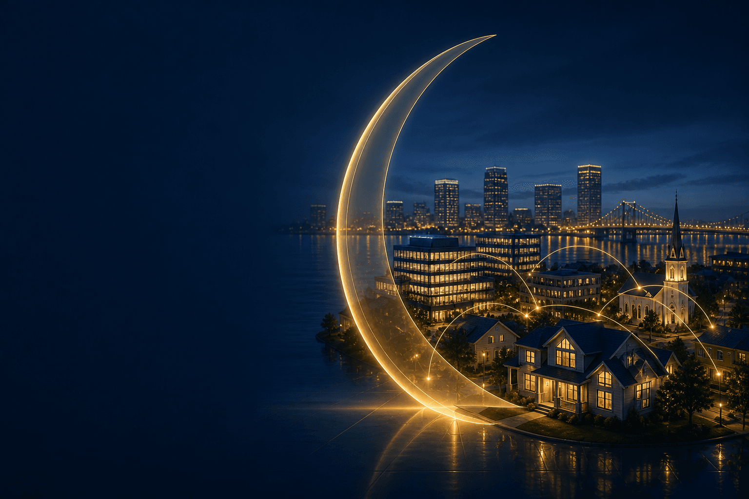 Greater New Orleans homes and businesses connected beneath a glowing crescent at blue hour