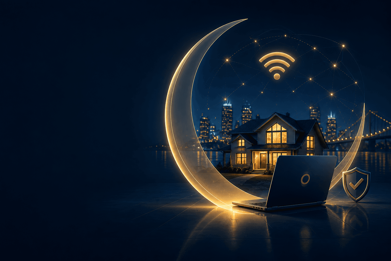 A connected home protected by a glowing crescent, secure laptop, and Wi-Fi network