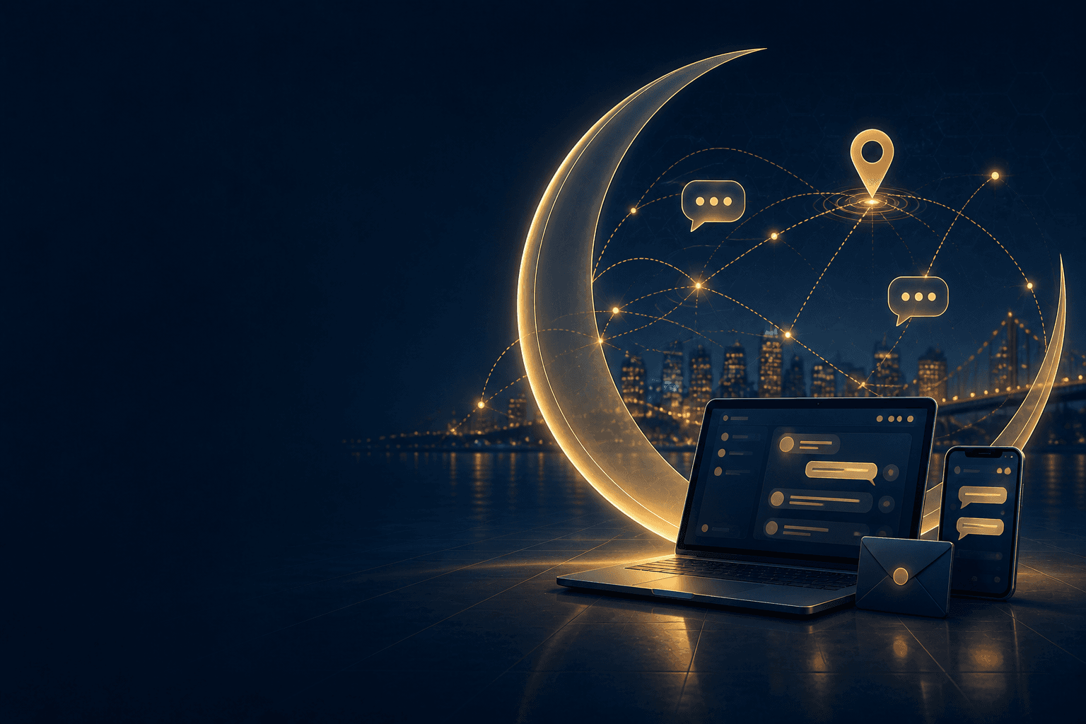 A laptop, phone, message interface, and local map pin connected by warm gold paths within a crescent