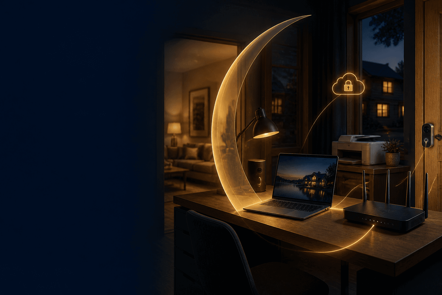 A connected home office with a laptop, secure cloud, Wi-Fi router, and smart devices framed by a glowing crescent