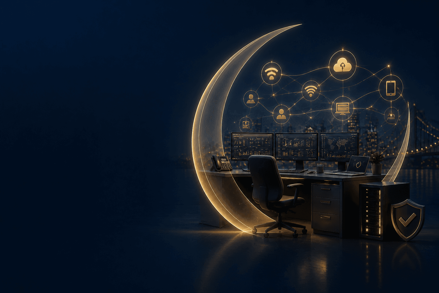 A proactive IT operations desk connecting people, devices, cloud services, monitoring, and security inside a protective crescent