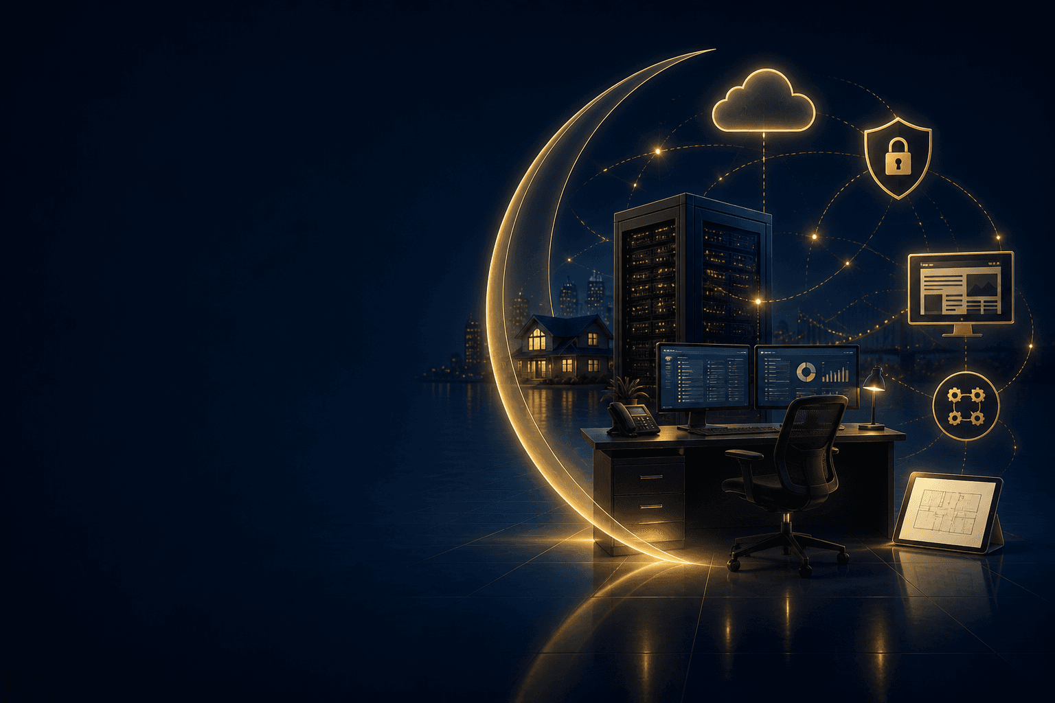 Business technology services connected around a secure office, cloud, website, automation, and construction planning tools