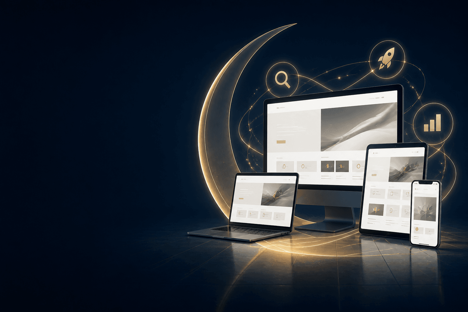 Responsive website designs displayed across desktop, laptop, tablet, and phone inside a glowing crescent